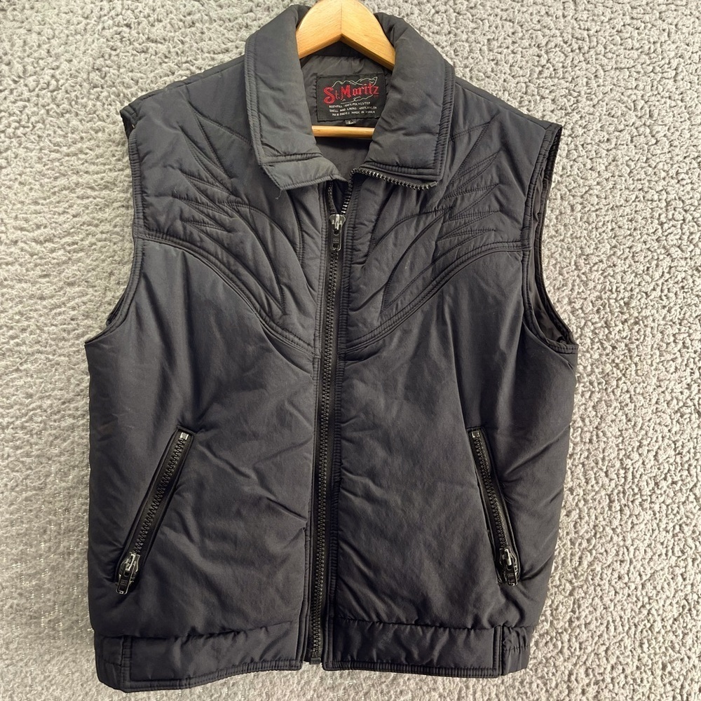 St. Moritz Vtg Black Puffer Vest Outdoors Activewear Retro Size L Embroidered
